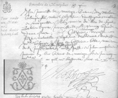 Archives départementales de la Haute-Loire. Papier timbré, registre de la collection communale du Puy, 26 mai 1764 (3 NUM 202/14). 