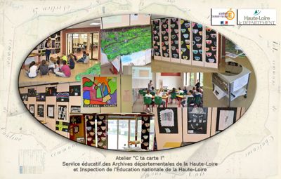 Archives départementales de la Haute-Loire. Service éducatif des Archives départementales, atelier du "C ta carte !", exposition, juin 2016 (crédit photographique : Antoine Rahon).