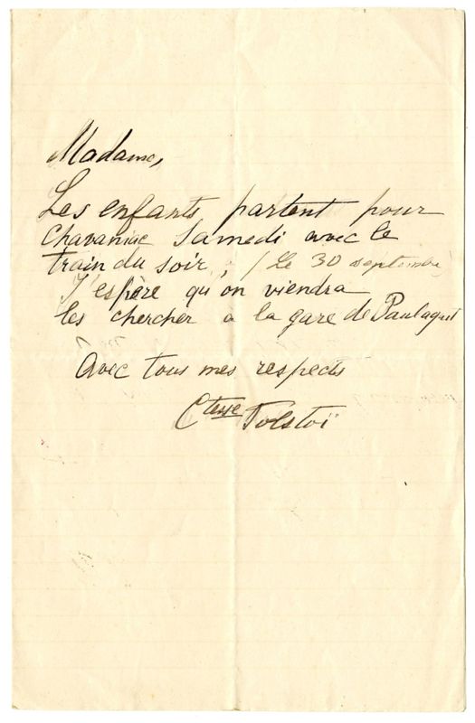 Direction de l'orphelinat. Adoptions. Lettre de la comtesse Tolstoï (Archives du château de Chavaniac, 233 J 148)