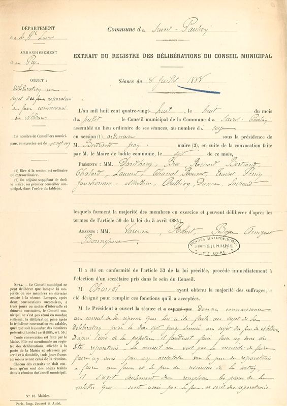 216 O 4-1 (extrait du registre des délibérations de la commune de Saint-Paulien relatif à des travaux su le four communal de Nolhac)