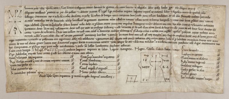 Donation par Alphonse VII, empereur d'Espagne, à l'abbaye de La Chaise-Dieu, à l'église St-Jean de Burgos (« de Burgis »), à Bernard, son prieur, et à tous ses moines, d'une villa - 1 H 334/1