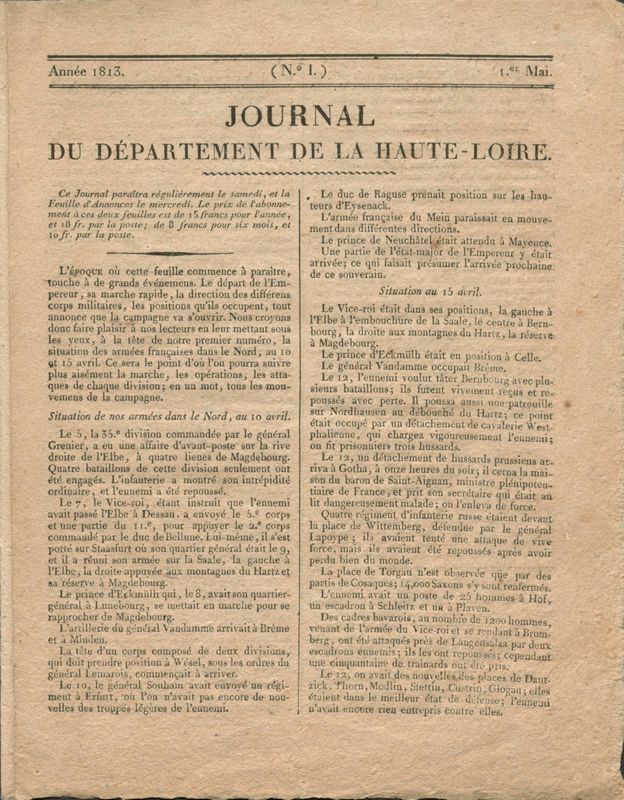 Journal de la Haute-Loire, littéraire, commercial et judiciaire - 1er mai 1813 - 2PB44