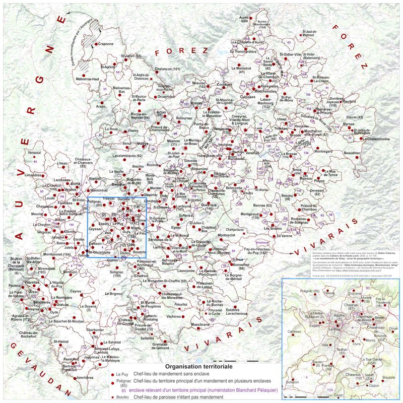Archives départementales de la Haute-Loire. Carte des mandements réalisée à l'origine par Didier Catarina, mise en forme et actualisée par Julien Chadeyron, sur un fond de carte de l'I.G.N.