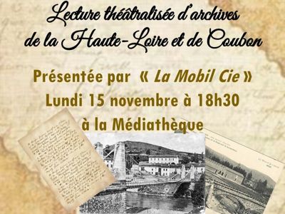 Archives départementales de la Haute-Loire. "Si la Haute-Loire m'était contée...à Coubon", spectacle organisé par la Médiathèque départementale, lecture par La Mobile Compagnie. Crédit photo : mairie de Coubon et Mobile Compagnie.