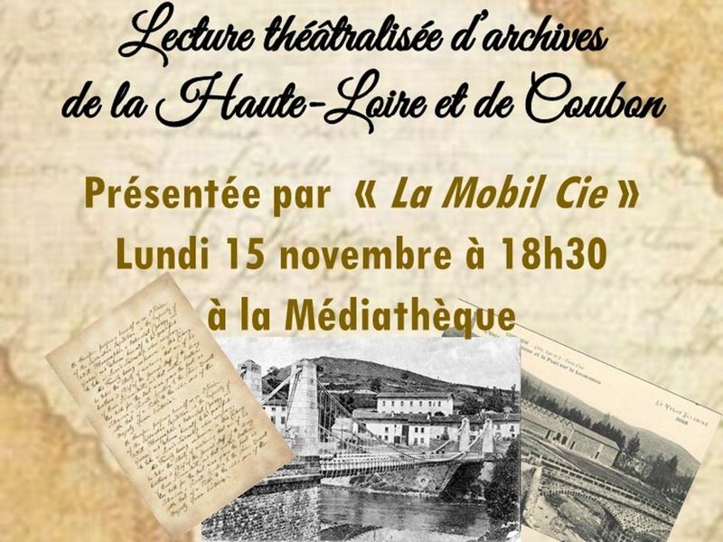 Archives départementales de la Haute-Loire. "Si la Haute-Loire m'était contée...à Coubon", spectacle organisé par la Médiathèque départementale, lecture par La Mobile Compagnie. Crédit photo : mairie de Coubon et Mobile Compagnie.