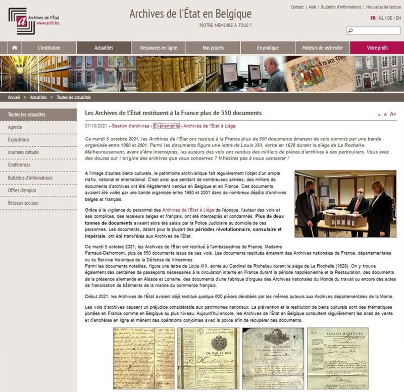 Archives départementales de la Haute-Loire. Restitution d'archives volées aux Archives nationales et dans les services d'archives départementales (site des archives de l'État en Belgique).