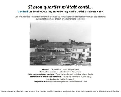 Archives départementales de la Haute-Loire. "Si mon quartier m'était conté... Guitard.", spectacle organisé par La Mobile Compagnie, photographie du centre commercial de guitard (crédit photo : Archives municipales du Puy-en-Velay).