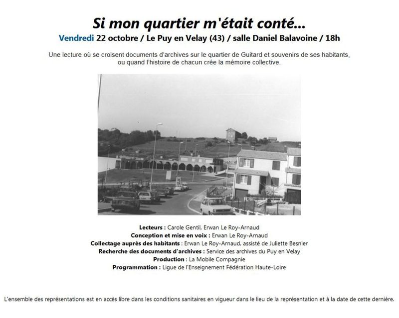 Archives départementales de la Haute-Loire. "Si mon quartier m'était conté... Guitard.", spectacle organisé par La Mobile Compagnie, photographie du centre commercial de guitard (crédit photo : Archives municipales du Puy-en-Velay).