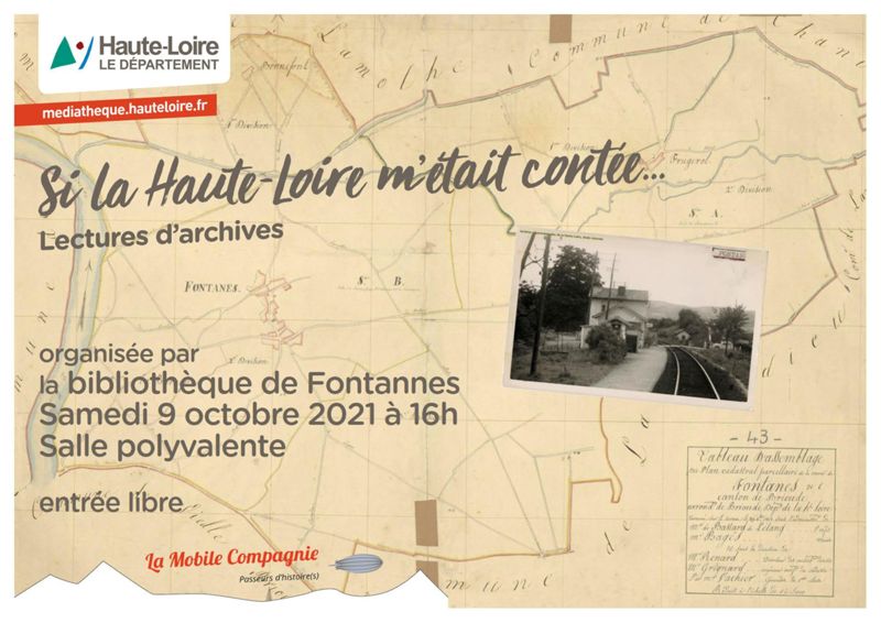 Archives départementales de la Haute-Loire. "Si la Haute-Loire m'était contée... à Fontannes", spectacle organisé par la Médiathèque départementale, lecture par La Mobile Compagnie. 