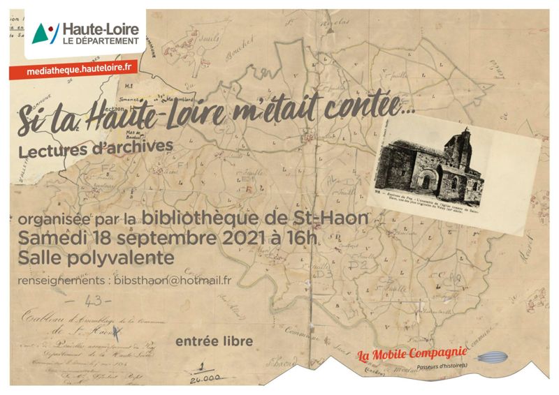 Archives départementales de la Haute-Loire. "Si la Haute-Loire m'était contée... à Saint-Haon", spectacle organisé par la Médiathèque départementale, lecture par La Mobile Compagnie.