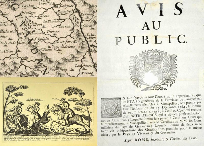 Archives départementales de la Haute-Loire. Bête du Gévaudan et loups (carte du Languedoc, collection 1 FI ; planche tirée du livre « La Bête du Gévaudan » de François Fabre, 8° 9938 ; affiche, fonds Frévol de Lacoste, 110 J).