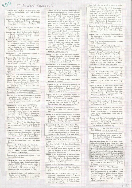 Archives départementales de la Haute-Loire. Liste des hameaux et lieux-dits du dictionnaire topographique de la Haute-Loire classés par commune (détail, Saint-Julien-Chapteuil, 3 NUM 311).
