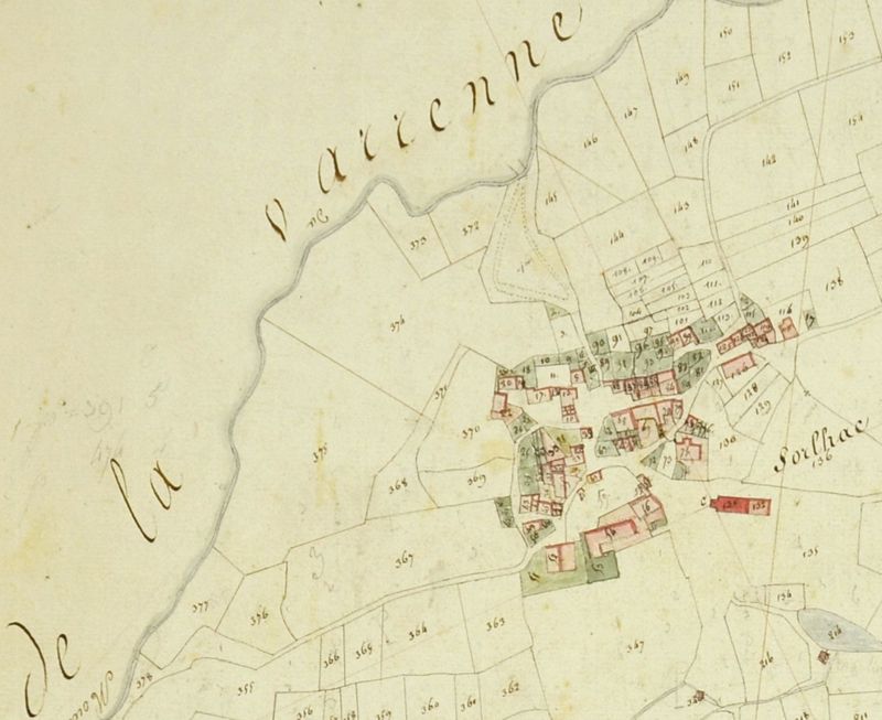 Archives départementales de la Haute-Loire. Cadastre napoléonien d'Auteyrac (ancienne commune), feuille de la section D, détail (3 P 2728). 