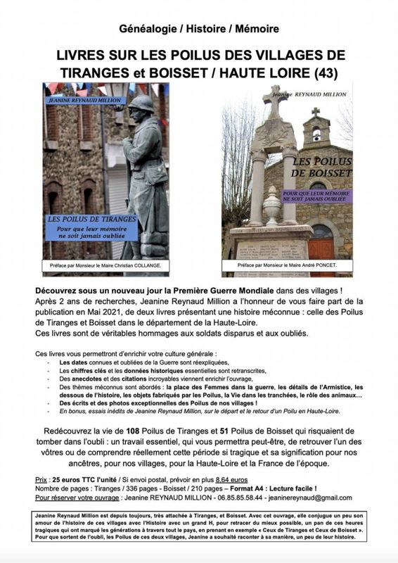 Archives départementales de la Haute-Loire. Ouvrages sur les Poilus des villages de Tiranges et Boisset, Jeanine Reynaud-Million. 