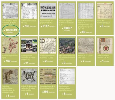 Archives départementales de la Haute-Loire. Indexation patronymique des actes d'état civil (résultats retournés suite à une "recherche vide" dans le Wikitag, 3 mai 2021).
