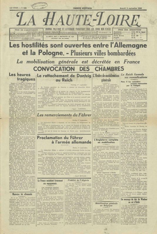 Archives départementales de la Haute-Loire. Une du journal "La Haute-Loir", numéro du 2 septembre 1939 (2 Pb 8).