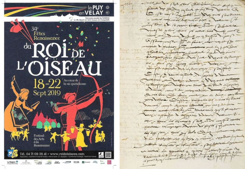 Archives départementales de la Haute-Loire. 34èmes Fêtes Renaissance du Roi de l'Oiseau, exposition association "Le chapître" (affiche de l'association du Roi de l'oiseau et extrait des minutes du notaire Claude Valicon, 3 E 101/2).