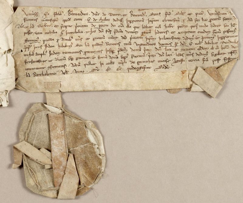 Archives départementales de la Haute-Loire. Exemple de parchemin. Fonds de l'abbaye de La Chaise-Dieu, confirmation par Bernard, seigneur de la Tour, d'un don fait au prieur de Port-Dieu (1 H 133/1).