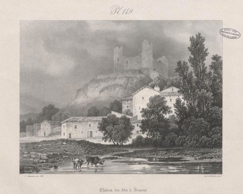 Archives départementales de la Haute-Loire. Conférence "Les châteaux forts du haut Allier" organisée par PANPA Haut-Allier-Massif Central et animée par Pierre Benoist (gravure du château de Domeyrat, 5 Fi DOMEYRAT 1).
