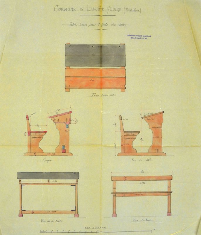 Archives départementales de la Haute-Loire. Construction d'une maison d'école de filles à Lavoûte-sur-Loire en 1881, plans des tables-bancs (119 O IV-2-3).