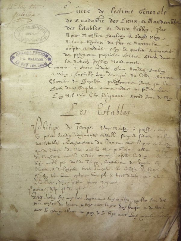 Archives départementales de la Haute-Loire. Compoix des Estables 1 J 964 (photographie Jean-Paul Rique).
