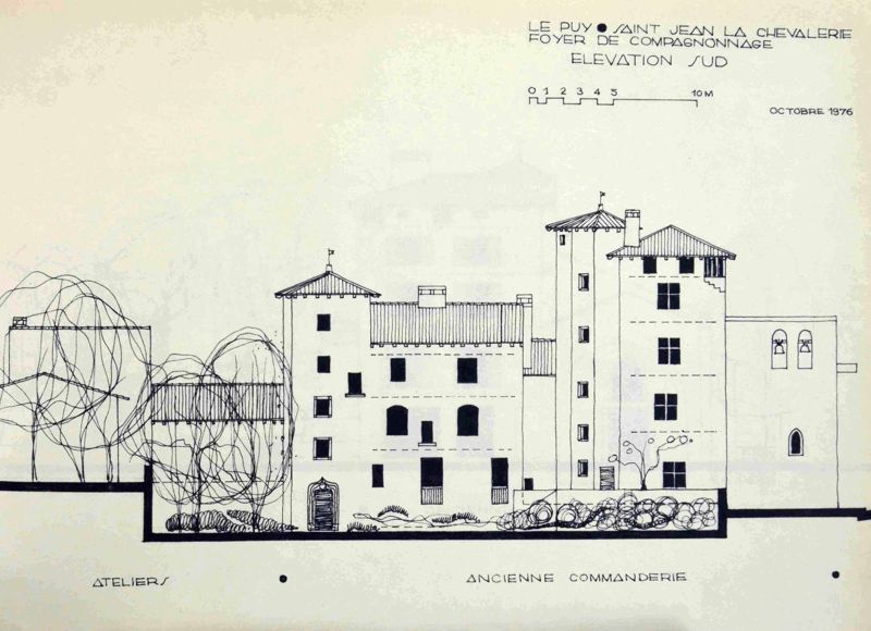 Archives départementales de la Haute-Loire. Fonds Claude Perron, Projet de réhabilitation de la commanderie Saint-Jean (Le Puy-en-Velay) en foyer des Compagnons du Devoir du Tour de France, façade, élévation sud, 1976 (352 J 360).