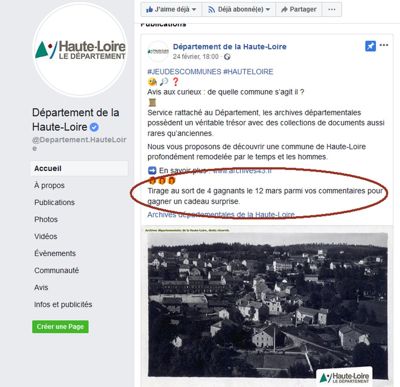 Archives départementales de la Haute-Loire. Page Facebook du Département de la Haute-Loire, le "Jeu des communes".