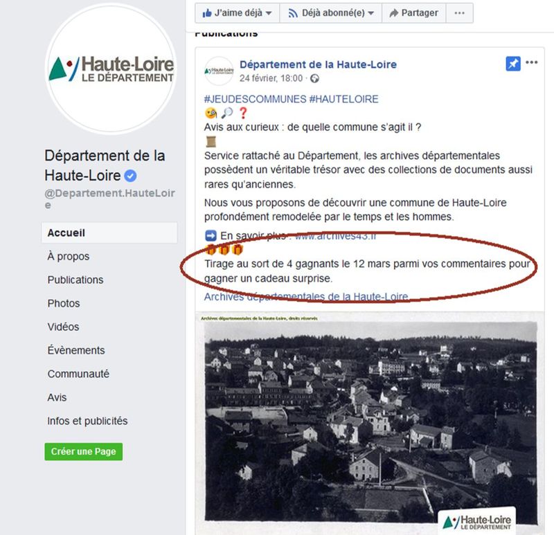 Archives départementales de la Haute-Loire. Page Facebook du Département de la Haute-Loire, le "Jeu des communes".