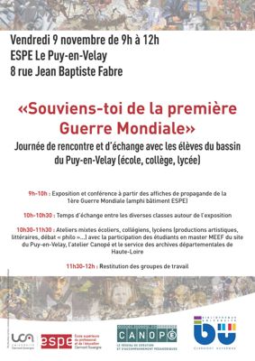 Archives départementales de la Haute-Loire. "Souviens-toi de la Première guerre mondiale", journée d'échange à l'ESPE du Puy-en-Velay.
