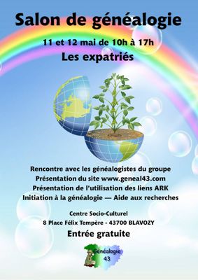 Archives départementales de la Haute-Loire. Salon de la généalogie en Haute-Loire 2018 organisé par l'association "Généalogie 43" ("Les expatriés", affiche). 