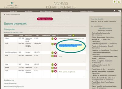 Archives départementales de la Haute-Loire. Nouvelle fonctionnalité sur notre site internet, saisie de notes dans l'espace personnel.