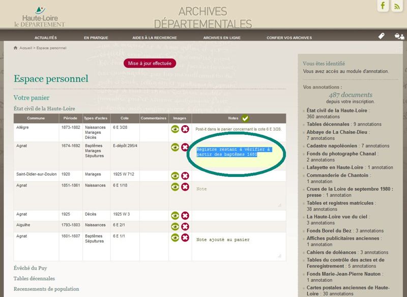 Archives départementales de la Haute-Loire. Nouvelle fonctionnalité sur notre site internet, saisie de notes dans l'espace personnel.