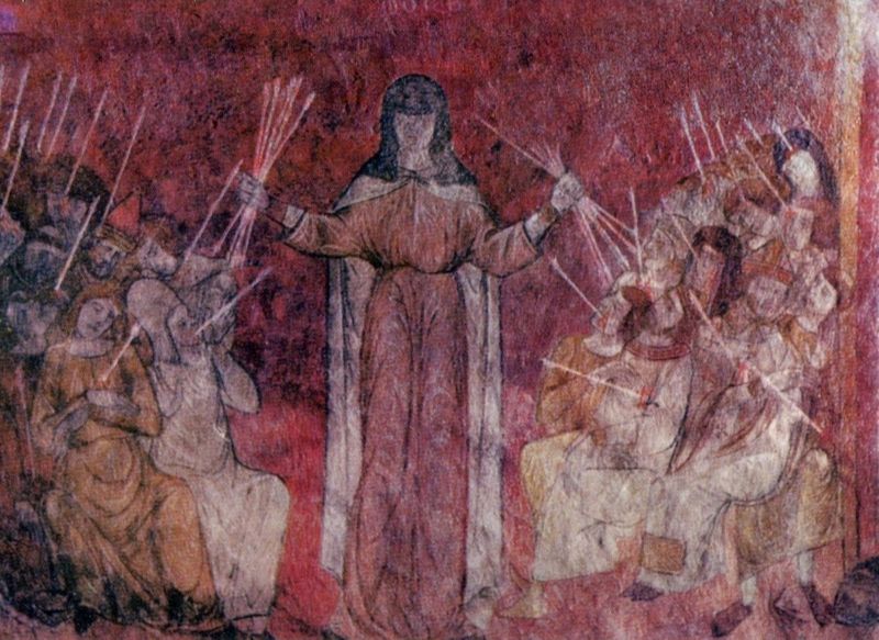 Archives départementales de la Haute-Loire. Fresque de l'église Saint-André de Lavaudieu, "La Mort et la Peste noire" (12 Fi LAVAUDIEU 10).