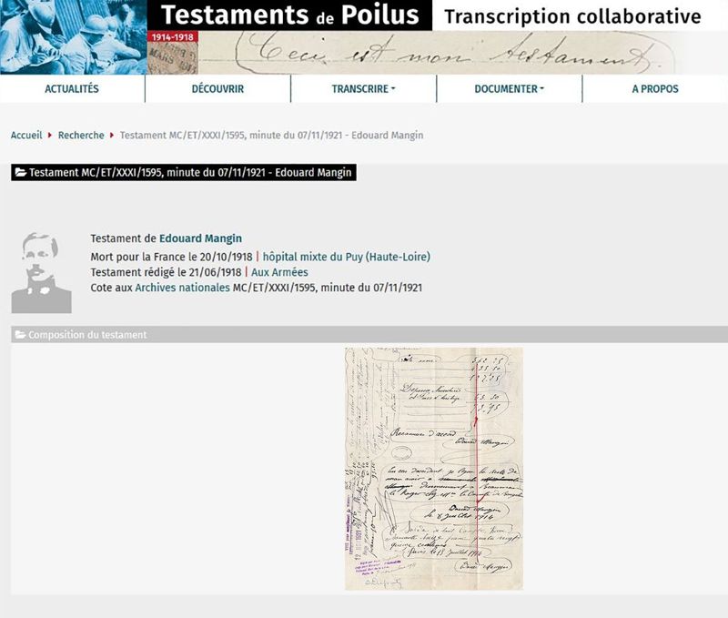 Archives départementales de la Haute-Loire. Transcription du testament d'Édouard Mangin, Mort pour la France le 20 octobre 1918 à hôpital mixte du Puy (Archives nationales).