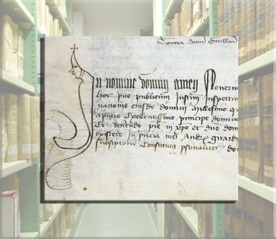 Archives départementales de la Haute-Loire. Des Archives départementales "entr'ouvertes" (déconfinement progressif). Terrier de Girard (2e partie), détail d'une lettrine, 1403-1426 (fonds de l'Hôtel-Dieu du Puy, H-SUPPLEMENT HOSPICES DU PUY 1 B 596).