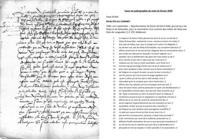 Archives départementales de la Haute-Loire. Cours de paléographie, mois de février 2020, texte et corrigé (1 C 390).