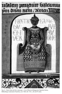 Archives départementales de la Haute-Loire. "Nostre Dame du Pui en Auvergne", Livre d'Heures de Marguerite d'Autriche, Bibliothèque nationale d'Autriche, fin du XVe s. (cod. 1853, fol. 135 v.).