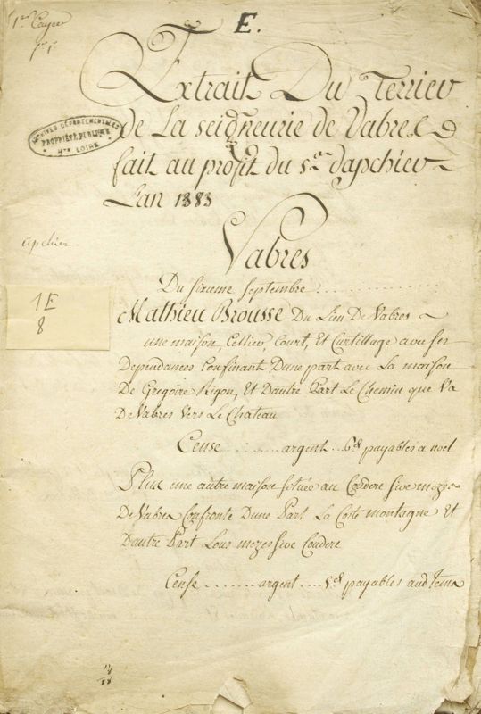 Archives départementales de la Haute-Loire. Extrait du terrier de la seigneurerie de Vabres, 1383 (1 E 8).