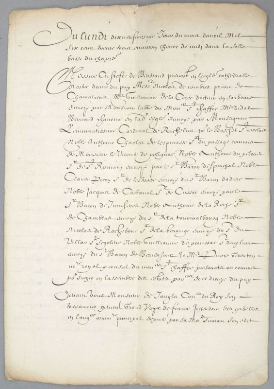 Archives départementales de la Haute-Loire. Cours de paléographie, mois d'octobre 2019, page 1/3 (1 C 369).