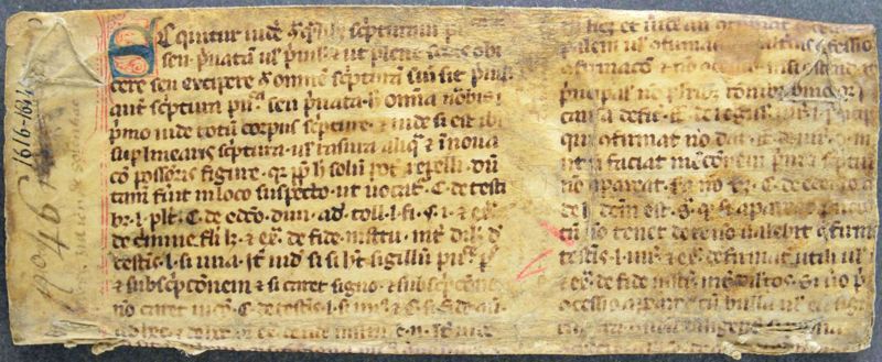 Archives départementales de la Haute-Loire. Registre paroissial de Solignac-sous-Roche, réemploi d'un parchemin (baptêmes, mariages, sépultures, 1616-1792, E-dépôt 5/1).