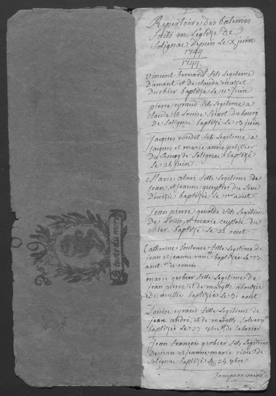 Archives départementales de la Haute-Loire. Mise à jour de l'état civil, collection communale déposée. Répertoire des baptêmes de l'année 1744 de l'église de Solignac  (E-dépôt 241/31).
