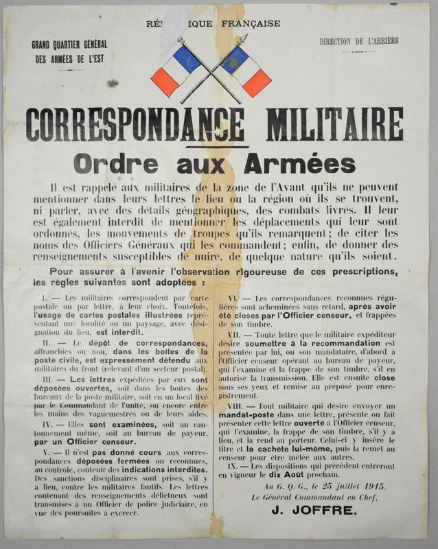 Archives départementales de la Haute-Loire. Affiche "Ordre aux Armées. Correspondance militaire.", 25 juillet 1915, (11 Fi 1541, octobre 2015).