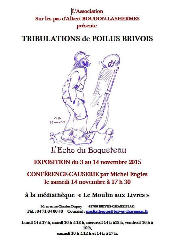 Archives départementales de la Haute-Loire. Exposition et conférence à la médiathèque "Le moulin aux livres" de Brives-Charensac, par l'association "Sur les pas d'Albert Boudon-Lashermes" (novembre 2015).