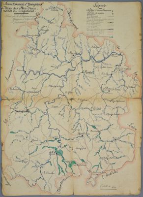 Archives départementales de la Haute-Loire. Carte des usines situées sur les cours d'eau, des irrigations et des lignes de partage des eaux (DDE, 563 W 1219).