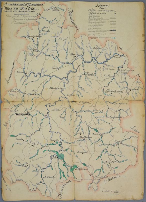 Archives départementales de la Haute-Loire. Carte des usines situées sur les cours d'eau, des irrigations et des lignes de partage des eaux (DDE, 563 W 1219).