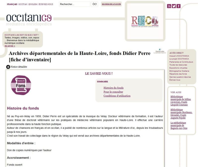 Archives départementales de la Haute-Loire. Fonsds occitans recensés sur le portail Occitanica.