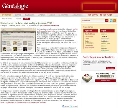 Archives départementales de la Haute-Loire. Article de la Revue française de généalogie concernant le séquençage des registres de l'état civil 1903-1932 et la pose de signets.