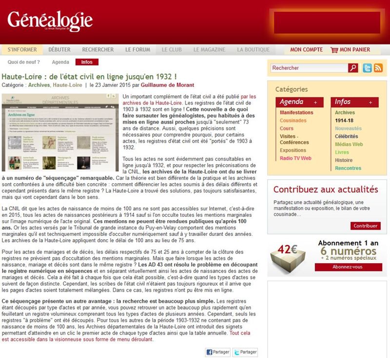 Archives départementales de la Haute-Loire. Article de la Revue française de généalogie concernant le séquençage des registres de l'état civil 1903-1932 et la pose de signets.