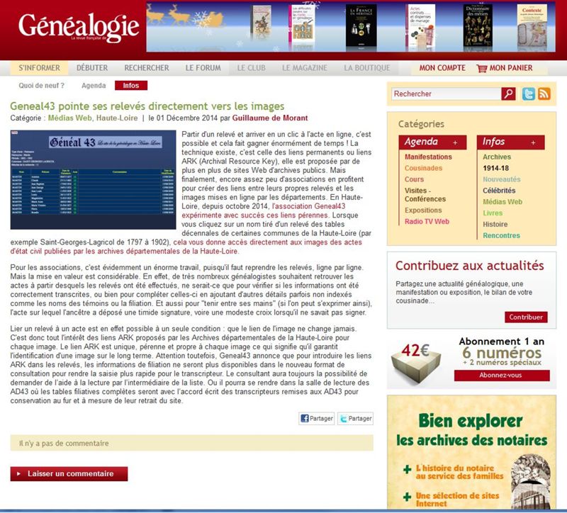 Archives départementales de la Haute-Loire. Article du site de la Revue française de généalogie (RFG) sur les liens ARK utilisés par geneal43.com (décembre 2014).