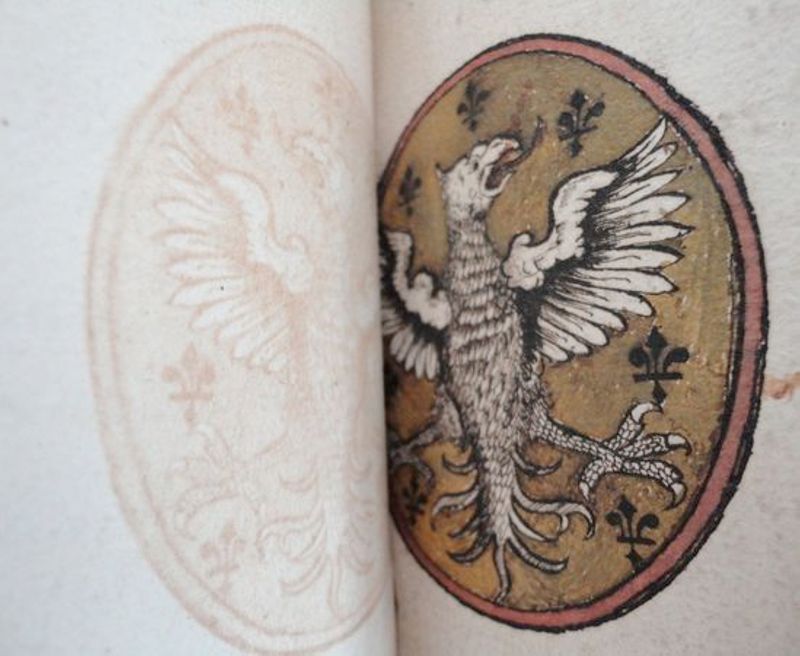Archives départementales de la Haute-Loire. Compoix méridionnaux des Archives départementales de la Haute-Loire. Aigle héraldique sur champ fleurdelisé des armoiries de la ville du Puy-en-Velay, en médaillon. Encre et aquarelle, compoix du Puy, détail de 